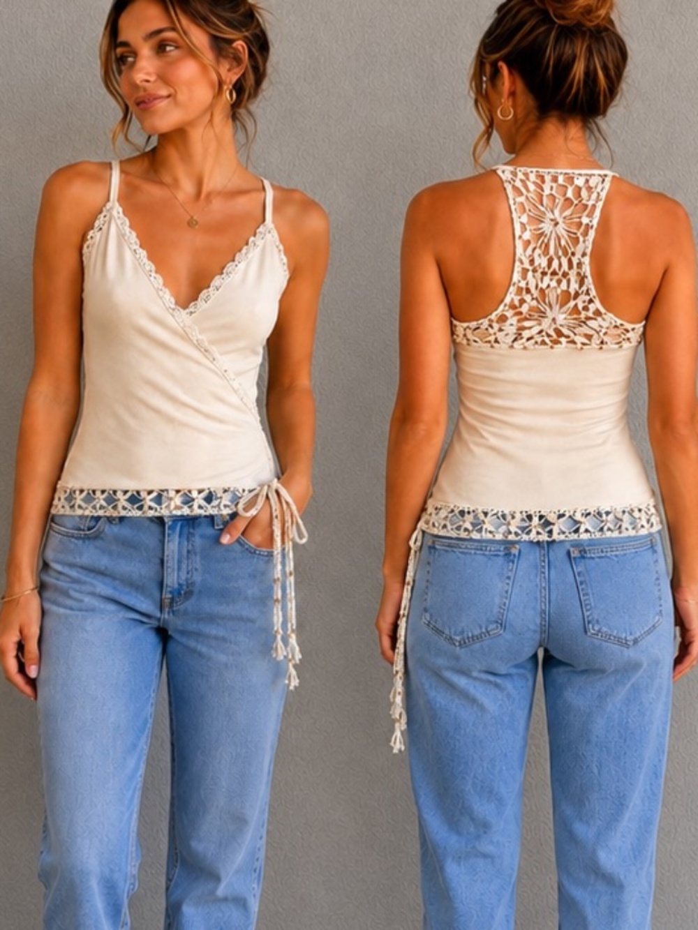 babe vintage y2k Silk/Cotton razorback crochet tank top, cream Size Small